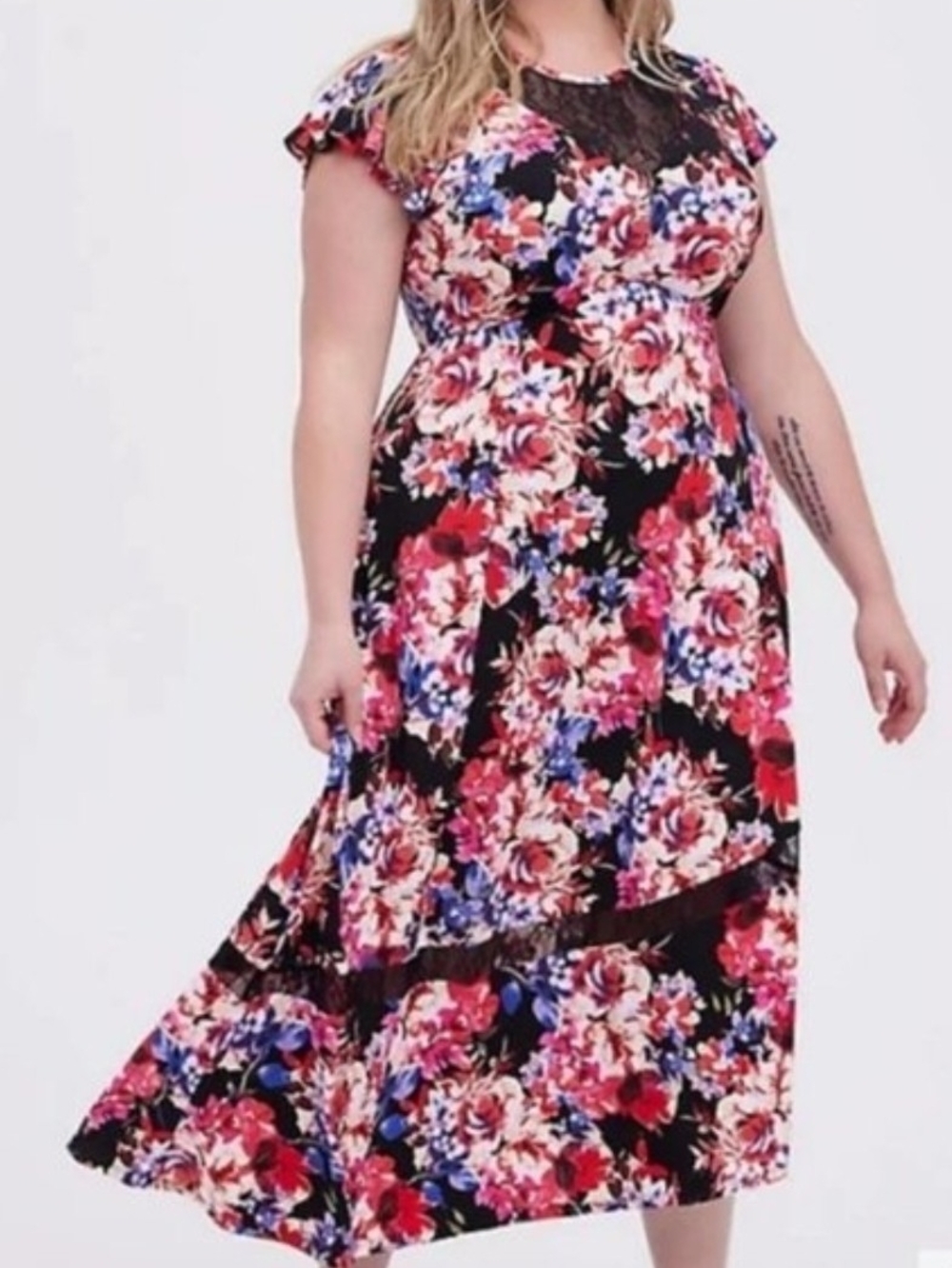Torrid Black Floral Maxi Dress with Lace Yoke